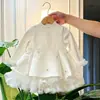 Vestido de Princesa Elegante com Decoração de Florzinhas 3D para Meninas Outono/Inverno Camada Base Roupa de Aniversário de Bebê Primeiro Mês Vestido Formal Estiloso