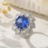 Anel Completo de Diamante Zircônia Azul, Anel Aberto Colorido Romântico Francês Brilhante com Pedra Sintética de Alta Qualidade Tendência em Joias