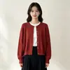 Cardigan de Lana Tejida Retro Corazón Hebilla Pequeña Dorada Japonés Coreano para Mujer Otoño Invierno Ropa Exterior Elegante Suéter Casual Albaricoque Talla Única