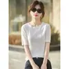 Camiseta de punto fino de manga corta transfronteriza para mujer, nuevo estilo primavera y otoño, cuello redondo, corte holgado, longitud corta, color liso, camiseta básica, top, manga corta