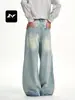 Jeans Rectos Lavados, Rasgados, Agujereados, Adelgazantes, Tridimensionales, Sueltos, Casuales Largos, Estilo Americano Azul Claro Fengmei para Hombres y Mujeres