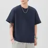 Camiseta Pesada de Manga Curta para Homem 300g, Novo Estilo de Verão, Cor Sólida, Estilo Retrô Japonês, Manga 3/4, Tendência e Caimento Solto