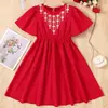 Vestido Niñas Transfronterizo Color Sólido Bordado Rojo Estampado Falda Plisada con Vuelo Verano Niños Medianos y Grandes Dulce Falda de Princesa