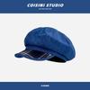 Gorra Octagonal de Mezclilla Azul Estilo Japonés Retro con Costuras de Patrón a Cuadros Ala para Mujer Casual Combinable Beret que Afina el Rostro Trendy