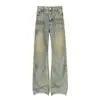 Jeans Lavados Vintage Teñidos de Forma Irregular para Hombre, Diseño Retro Americano Versátil, Pantalones Sueltos de Pierna Ancha, Pantalones Largos hasta el Suelo