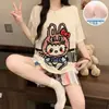 Pijama de Algodón Nube para Mujer, Estilo Verano con Copas en el Pecho, Cuello Redondo, Mangas Cortas, Shorts, Estampado de Leopardo, Ropa de Casa de Chica de Dibujos Animados, Se Puede Usar Afuera
