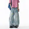 Jeans Lavados Bordados de Dibujos Animados Divertidos para Hombres y Mujeres, Otoño Marca de Moda Americana Hiphop Pantalones de Pierna Ancha, Pantalones Largos Sueltos