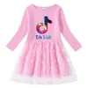 Vestido Transfronterizo Nuevo para Niñas Primavera y Otoño Algodón Estampado Caricatura Estrellas y Luna Malla Manga Larga Vestido de Princesa