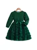Vestido Princesa de Manga Longa Pérola Verde Escuro Outono/Inverno 2026 para Meninas Vestido Moderno com Laço de Rede Rosa Puff