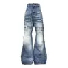 Marca de moda transfronteriza estilo americano retro nicho eslogan jeans acampanados con orejas de gato azul lavado para hombres y mujeres