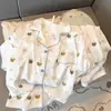 Pijama para Mujer de Verano Nubes Algodón Cardigan Traje 2025 Nuevo Casual Dulce Manga Corta Pantalones Cortos Delgados Ropa de Casa