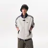 Jaqueta Esportiva Listrada Color-Block Estilo Americano para Homens e Mulheres, Jaqueta Baseball Pesada com Gola Alta e Forro de Lã para Inverno, Cardigã Solto