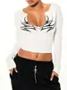 Camiseta base estampada estilo callejero de alta venta en comercio exterior transfronterizo, top corto ajustado elástico de manga larga con cuello en V, dulce y picante