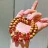 Pulsera de Múltiples Círculos de Ágata Roja Natural y Sándalo de Estilo Artístico Vintage de Alta Calidad
