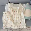 Pijama Estampado de Estrelas com Renda, Suspensórios e Mangas Curtas Volantes para Mulheres, Conjunto de Duas Peças com Shorts de Manga Curta e Cardigã para o Verão, Roupa de Casa