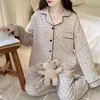 Pijama de Mujer para Otoño e Invierno Cardigan de Imitación Algodón Manga Larga Pantalón Largo Conjunto Ropa de Casa Sencilla Se Puede Usar Afuera con Copas Integradas