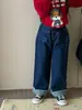 Pantalones de Pierna Ancha de Mezclilla Azul Oscuro Estilo Retro Americano para Niñas Yuyu Princess, Pantalones Casuales Sueltos de Corte Recto para Otoño con Dobladillo Enrollado