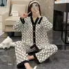 Pijama para Mujer Primavera y Otoño Imitación Algodón Manga Larga Traje Estilo Coreano Holgado Dulce Cuello en V Para Usar Por Fuera Kimono Ropa de Casa