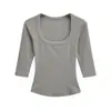2566-Camiseta de Moda Cuadrada de Manga Media Estilo Europeo y Americano para Mujer 2025 Nuevo Top Básico Sexy Ajustado