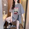 Camiseta de Algodón Puro con Cordones, Parches, Mangas Cortas Sueltas para Mujer con un Diseño Moderno, Top Estampado de Longitud Media que Cubre las Caderas, Cuello Redondo