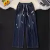 Jeans de Hombre con Diseño Personalizado Desgastado Roto Casual Versátil Cintura Elástica Streetwear Pierna Ancha Holgada Cordón Pantalones Largos