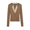 Atacado de Moda Feminina Transfronteiriça Outono 2025 Novo Estilo Contraste Falso Duas Peças Gola Halter Decote V Punhos Color Block Malha Slim Tricô para Mulheres