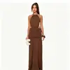 Vestido Largo de Verano Transfronterizo Estilo Nuevo con Cuello Halter, Bordado, Espalda Descubierta, con Abertura, Corte Ajustado para Mujer, Estilo Vacaciones en la Playa