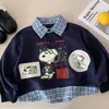 Camisa Infantil Falsa Duas Peças com Gola Xadrez 2026 Outono Novo Estilo para Meninos e Meninas Coreana Desenho Animado Casual Top Tendência