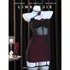 Lingerie Sexy com Estilo Puro Desejo, Vestido Bodycon Cheongsam Rosa Puro Roupa de Dormir Conjunto Transparente Feminino Qqny
