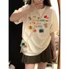 Top Estampado Desenho de Damasco Leitoso Feminino Verão Plus Size Estilo Americano Retrô Nicho Manga Curta Amigo da Pele Algodão Puro Versátil Camiseta