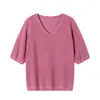Camisa de Punto Hueco de Manga Corta de Verano para Mujer 2025 Nueva Moda Transpirable Cómoda Delgada con Cuentas