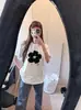 Camiseta de Manga Corta de Algodón Puro con Estampado Floral y Letras Estilo Coreano para Mujer, Top Casual Versátil Suelto de Verano con Cuello Redondo, Moderno