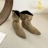 Botas de Mujer Otoño Tacón Grueso Botines de Tobillo Botas Plisadas para Mujer Apiladas 2026 Pantorrilla Ancha Moda Punta Fina Adelgazantes Estilo Western