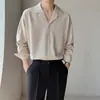 Camisa Masculina Gola Cubana Damasco Manga Longa Leve Madura Seda de Gelo Ondulado Estilo Bonito Preguiçoso Sem Passar Camisa Branca