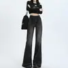 Jeans Cinza Preto Fraco Feminino Primavera e Outono Novo Cintura Alta Solto Modelador Design Texturizado Calça Boca de Sino