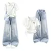 Conjunto de Verano para Niña 2026 Nuevo Estilo Coreano Niña Grande Verano Elegante Manga Corta Mezclilla Conjunto de Dos Piezas