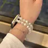Pulsera Estilo Reloj con Incrustaciones de Diamantes Perla Blanca Australiana Compatible con AppleWatch Apple iWatch Correa de Reloj S10/S9/S