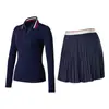 Traje Deportivo Transfronterizo para Mujer Solapa Manga Larga Secado Rápido Delgado Cuello en V Camisa Polo Superior Fitness Aspecto Adelgazante Falda de Tenis
