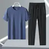 Traje de Verano para Hombre de Seda de Hielo Transpirable Deportivo Casual Cuello Redondo Pantalón Largo Traje de Secado Rápido Traje de Manga Corta de Seda de Hielo para Hombre