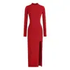 Vestido Longo com Manga Longa Escovada, Gola Meio Alta, Fenda Lateral, Estilo Puro Desejo, Novo Outono, Ajustado na Cintura, Slim Fit, Comprimento Médio, Bodycon