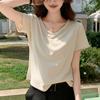 H783 Camiseta Personalizada Solta Preguiçosa Cor Sólida Decote V Grande Manga Curta Verão Feminina Casual Simples Combina com Tudo Emagrecimento Tendência