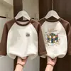 Camada Base de Fleece com Gola Redonda para Meninos Outono Inverno Roupa Íntima Infantil Crianças Médias e Grandes Patchwork Manga Longa Camiseta Térmica Top Tendência