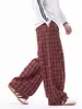 Calça masculina xadrez estilo retrô americano de perna larga, calça casual fina de verão, solta, reta, calça xadrez masculina da moda slim-fit