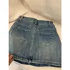 Falda de mezclilla elástica de talla grande para mujer Verano Gordo mm Retro Americana Cintura alta Aspecto adelgazante Cubre caderas Falda corta acampanada