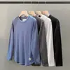 Camiseta de Manga Larga Waffle Americano 2025 para Hombre Primavera y Otoño Holgada Cuello Redondo Transpirable Color Sólido Camiseta Básica Sudadera Ropa para Hombre