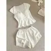 Pijama feminino cor damasco claro com bojo para verão, pode ser usado fora, manga curta, short, acabamento em renda, roupa de casa, verão