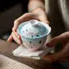 Miyanyan Juego de Té Portátil para una Persona para Viaje, Taza Gaiwan Pintada a Mano con Flor de Cerezo y Conejito Lindo, Taza de Servicio Rápido Juego de Té Kung Fu