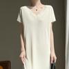 Vestido Liso de Cor Sólida com Decote V Frente e Costas em Seda Gelo com Contas para Mulher, Vestido Tricotado Longo Acima do Joelho para o Dia a Dia, Estilo Seda Gelo Fino