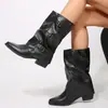 Novas botas de equitação de couro com fivela estilo comércio exterior, salto baixo, altura média da panturrilha para mulheres, botas de couro finas vintage de salto grosso para cross-border, Amazon