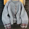 Comércio Exterior Aliexpress Outono e Inverno Estilo Preguiçoso Solto Emagrecedor Cor Contrastante Xadrez Jaqueta Suéter Curta para Mulheres